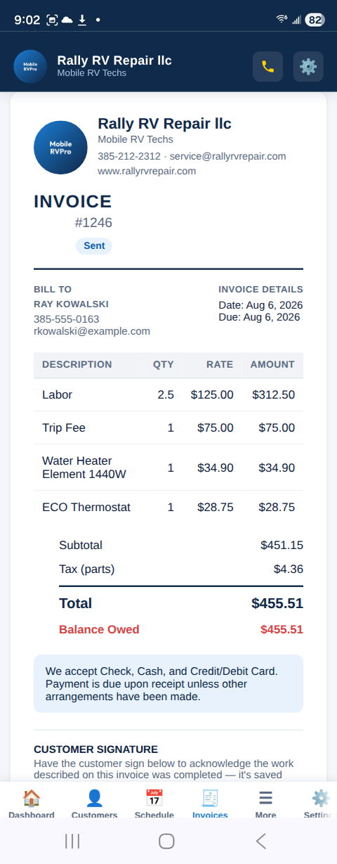 MobileRVProApp invoice screen