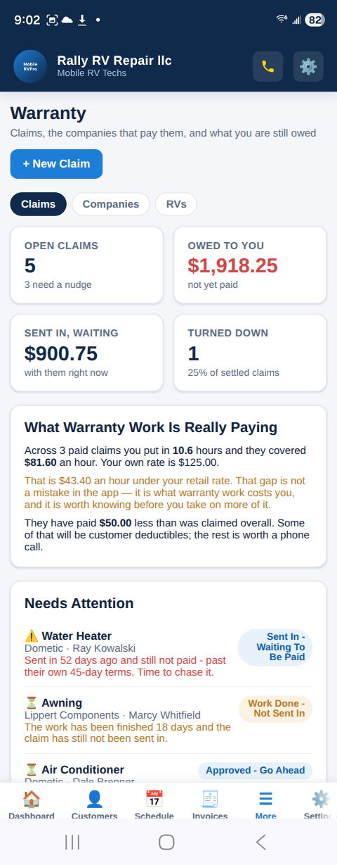 MobileRVProApp warranty claim tracking screen
